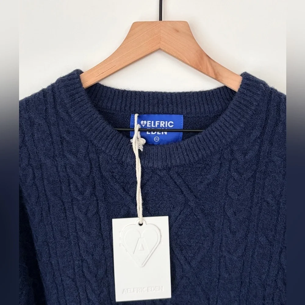 Aelfric Eden Navy Blue Cable Knit Crewneck Sweater